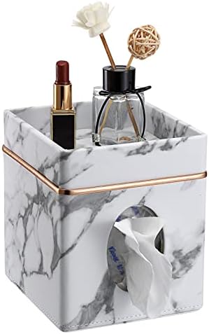 Sumnacon Leather Square Tissue Box Cover - Decorative Cube Tissue Box Holder with Tray, Stylish Facial Tissue Holder for Bathroom Vanity Dresser Table Home Office Bar, Marble White