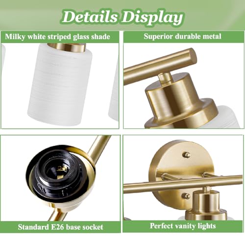 Image of 5-Light Vanity Lights, Brushed Gold Bathroom Light Fixture with Striped Textured Milky White Glass Shade, E26 Modern Vanity Lighting Fixture for Bathroom Wall Sconce Light Over Mirror