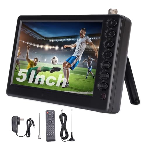 5-Inch Portable TV with Remote Control, 1920 * 1280 Resolution Color TFT-LED 16:9 Monitor 1500mAh Rechargeable Digital TV with Antenna for Car Camping Kitchen