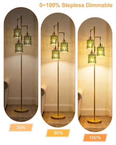 Image of Lightdot 67 inch 3-Light Glass Floor Lamp for Living Room, Dimmable with Green Glass Shade & E12 Bulbs Included, Mid Century Standing Tall Lamp with 5Lbs Heavy Base for Bedroom /Sofa Beside /Corner - Gold