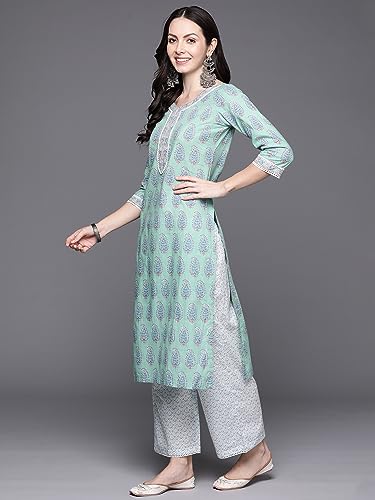 Image of INDO ERA Women's Sea Green Printed Pure Cotton Kurta with Pant & Dupatta Set