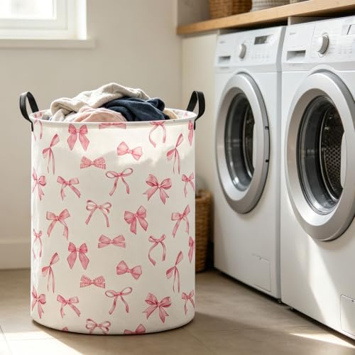 Image of 19.7 inch Laundry Basket,Dirty Clothes Hamper,Waterproof Storage Bin(Pink Bowknot)