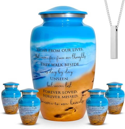 Family Eco-Friendly Cremation Urn for Ashes for Humans – Ocean Blue Urn with 1 Large Urn (220 lbs), 4 Small Urns & 1 Ash Necklaces – Recycled Aluminum Tribute – Memorial for Home, Service, Cemetery