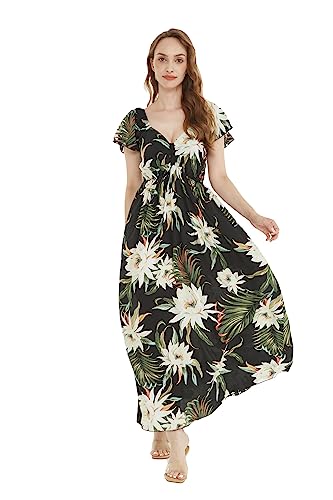 Image of Family Matching Hawaiian Clothes, Wispy Cereus Black | Lightweight 100% rayon • Family matching outfits • Tropical floral print • Beach vacations • Luaus • Cruises • Family photos
