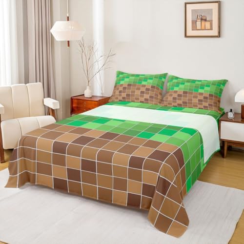 Image of Erosebridal Gaming Plaid Bed Sheets King Geometric Checkered Gamer Sheet Set Checkerboard Games Bedding Set for Kids Boys Girls,Brown Green Grids Fitted Flat Sheets 4 Piece