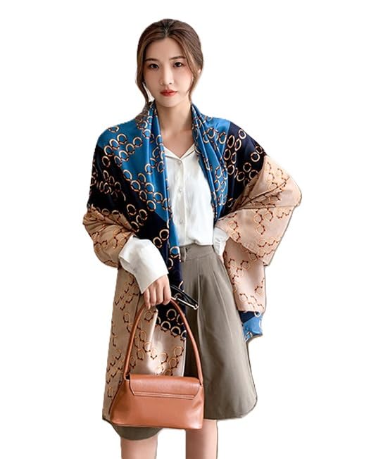 Image of Alexvyan Satin Silk Summer Scarves 170 x 84 cm, Blue & Beige Circle Pattern with Stitched Border, Lightweight Fashion Scarf for Women Sun Protection Stole.