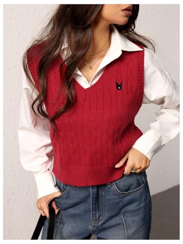 Image of BEAUDRM Women's Embroidery Cable Knit Sweater Vest V Neck Knitted Casual Sleeveless Sweater Pullover Top