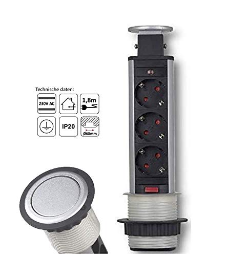 Versenkbare Einbausteckdose (schwarz) mit Kabel/Stecker 3er Schuko Steckdose Tischsteckdose versenkbar Schreibtisch Stromdose Energiestation