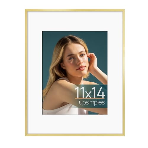 Image of upsimples Aluminum 11x14 Picture Frame Gold, Display Photo 8x10 with Mat or 11 x 14 without Mat, Wall Hanging Metal Poster Frame with Acrylic Cover, 1 Pack