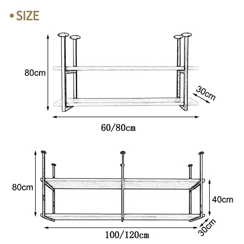 HDDNMLOH Rustic Hanging Wine Rack with 2 Tiers for Kitchen Dining Room or Bar Solid Wood & Iron Ceiling Shelf Easy to Install Multifunctional Storage Organizer Gold Finish 80x30x80cm