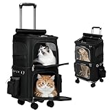 YASICA ペットキャリーバック 二層トロリーバッグ 新型犬猫キャリーケース ペット用 2匹 猫 犬 多頭飼い 2段式通気口付きポータ 持ち手付き 頑丈さ 取り付け簡単 360度回転キャスター付き 耐荷重12kg 静音設計 ドライブや旅行用 ブラック 35*26*61cm