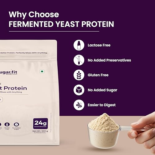 Image of Sugar.fit | Active Foods Fermented Yeast Protein Powder, Unflavored, 24g Protein per Scoop, Heat Stable, Gluten Free, Lactose Free, No Added Sugar, Vegan, 500g (Pack of 2)