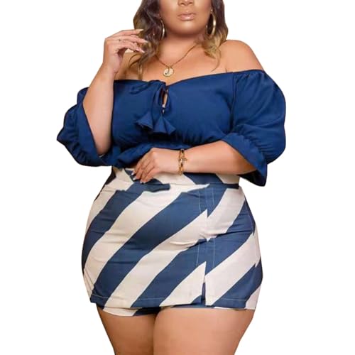 Dmoled Women Plus Size Skirt Two Piece Outfit Short Sleeve Off Th...