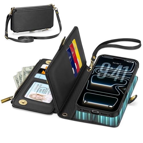 TUCCH Crossbody Detachable Wallet Case for iPhone 17 Pro 6.3" 2025, 9 Card Slots RFID Blocking | Wireless Charging | Wrist Strap | Lanyard | Stand | Zipper Pocket | PU Leather Shockproof Cover | Black