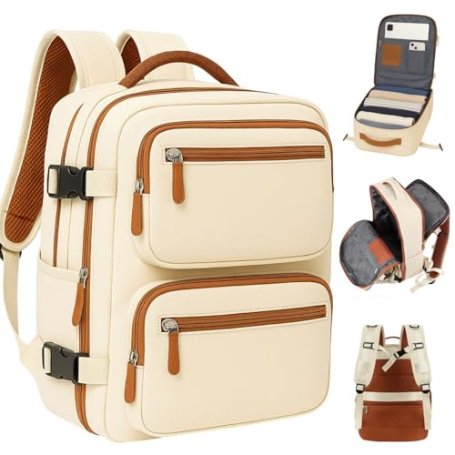 Mochila Viagem Masculina Feminina Grande – Mochila executiva Reforçada, Antifurto, Saídas USB e Fone, Alça de Aço, Impermeável, Escolar, Faculdade, Trabalho, Viagem – Bege Premium