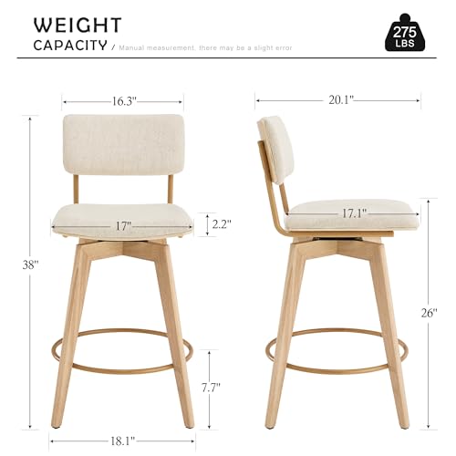 Butacos giratorios de altura para barra, 26", tapizado en lino beige con patas de madera natural, juego de 4 miniatura 2