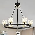 VBKK Farmhouse Wagon Wheel Chandelier 24”, 6-Light Modern Black Chandelier for Dining Room, Crystal Chandeliers Light Fixture for Living Room, Foyer, Entryway, Height Adjustable G9