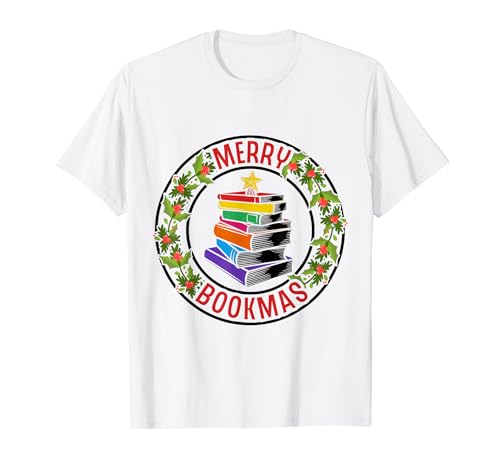 Merry Bookmas Books Árbol de Navidad Gusano de biblioteca a juego Camiseta