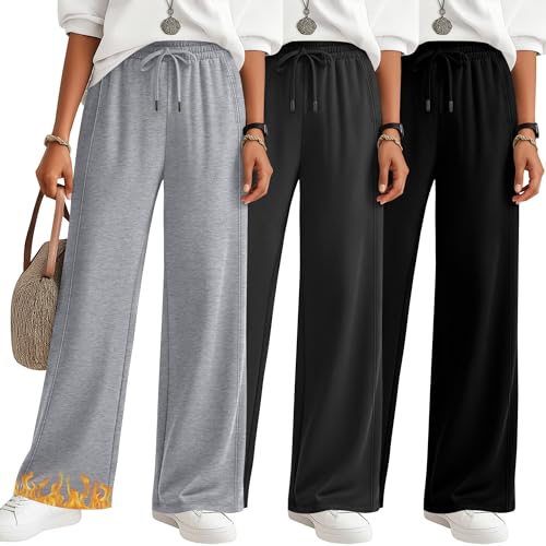 JoyMotion 3 Pack Women's Fleece Lined Sweatpants Thermal Straight Leg Pants Lounge Wide Leg Slacks with Pocket Warm Jogger(Black, Dark Gray, Light Gray,X-Large)