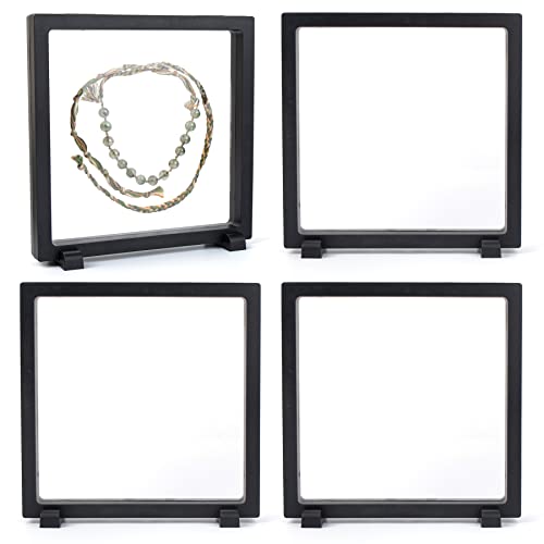 Framendino, 4 Pack Black 3D Floating Frame Display Case 7 x 7 x 0.8 Holder Stands Jewelry Storage Box for AA Medallion Shells Gems