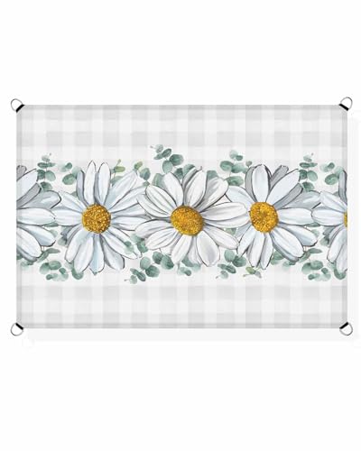 Boanket Sun Shade Sail 8' x 10', Spring Floral Rectangular Waterproof Outdoor Sun Shades, White Daisy Eucalyptus Leaves Checkered Shade Cloth for Patio Deck Terrace Garden Lawns Beach Backyard