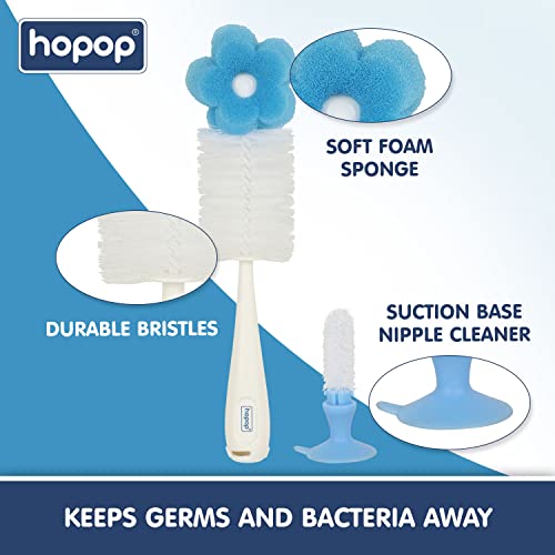 Image of Hopop Bottle Cleaner Brush | Baby Feeding Bottle Cleaning Brush & Nipple Cleaner Brush | Soft Foam Head with Durable Bristles | Easy to Clean Feeding /Water Bottle Corners | BPA Free | Blue