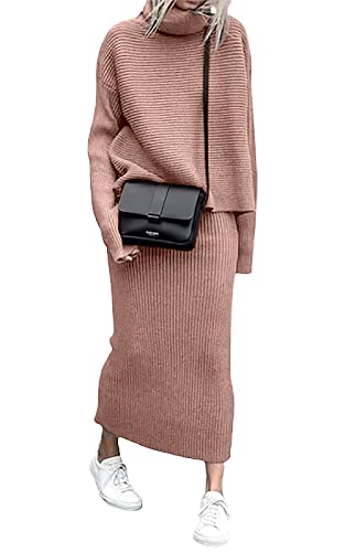 Image of ebossy Womens Ribbed Knit Sweater Outfits Casual Loose 2 Piece Turtleneck Pullovers Elastic Waist Maxi Skirt Sets