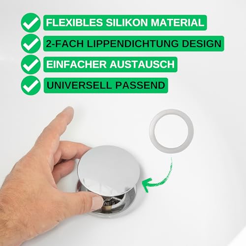 Ersatz Dichtung für Badewannenstöpsel, 3 Stück, aus Silikon, in Transparent, Dichtungsring mit Doppeldichtung, Größe außen Ø 44,7 mm, innen Ø 33,8 mm, Ventilkegel Dichtring Badewanne, Stöpseldichtung