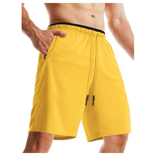 Aolesy Short masculino de treino 12,7 cm/17,8 cm/25,4 cm com bolsos com zíper basquete secagem rápida leve academia atlética corrida shorts sem forro, Amarelo, M