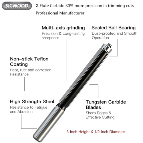 SICWOOD Extra Long Flush Trim Router Bit 1/2 Shank, 3-Inch Height X 1/2-Inch Diameter, Carbide Tipped, Top Bearing Template Flush Cut Trim Router Bit, for Woodworking Trimming - Thumbnail 3