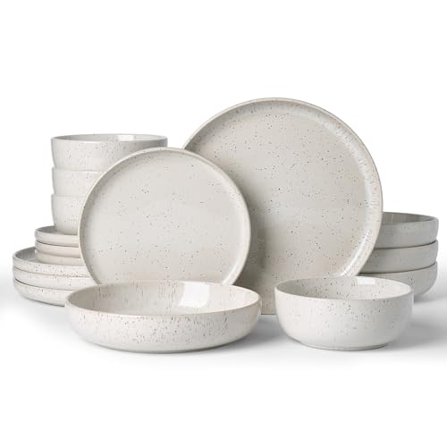 Image of Famiware Meteor Stoneware Dinnerware Sets with Pasta Bowls, Service for 4 (16 Pieces), Plates and Bowls Sets, Microwave and Dishwasher Safe Dishes Set, Creamy White