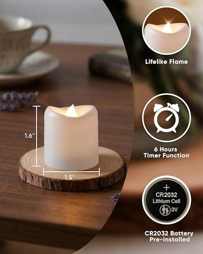 Image of 5plots 24-Pack Flameless Candles with Timer, Realistic 3D Flickering Votive Candles, 6H Timer Built-in, 150+Hour Battery Operated Tealights for Wedding, Festival, Indoors, Home Decor(White Base)