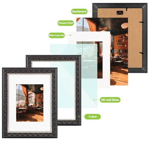 Image of Golden State Art, 9X12 Ornate Finish Photo Frame with White Mat for 6X8 Picture & Real Glass, Color: Black with Silver & Burgundy