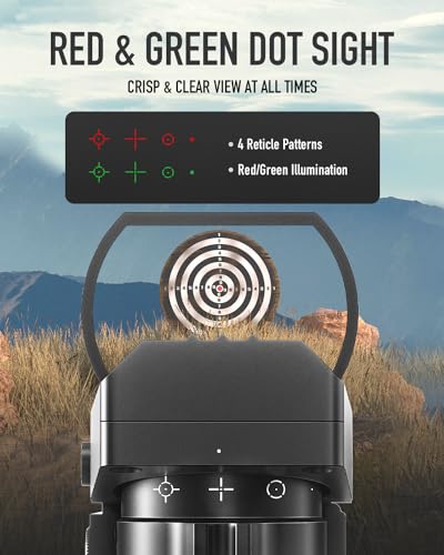 Pinty Red Green Dot Sight Reflex Tactical Riflescope 4 Reticle Patterns with 20mm Free Mount Rails - Thumbnail 2