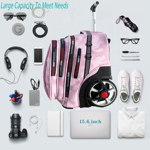 22 Inch Travel Rolling Backpack with Wheels for Women, Large Wheeled Backpacks with Large Capacity, Roller Bag with Laptop Waterproof Compartment (Pinkish)2