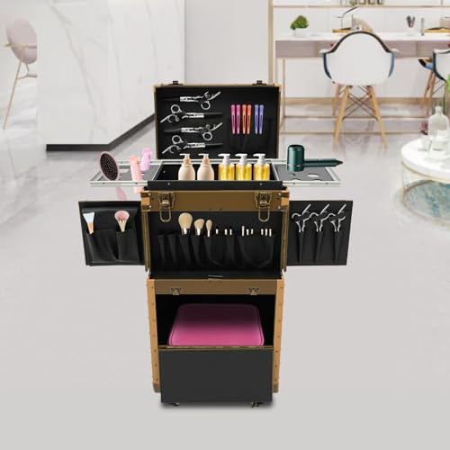 Image of Stylist Modern Rolling Hairdressing Trolley, Lockable Makeup Train Case Beauty Salon Gold Cosmetic Luggage Travel Organizer Tool Box with Hair Dryer Holder