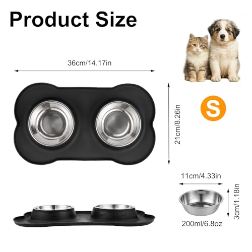 Futternapf Hunde Katzen, Fressnapf Hundenapf Kleine Hunde Napfset, Edelstahl Katzenapf Wassernapf Hund mit Nicht Kleckern, mit 1 Hundenapf Unterlage Rutschfest Silikon Tablett Matte( S 36 x 21 cm)
