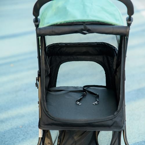 PawHut Hundewagen 2 in 1 Hundebuggy klappbar für Hunde & Katzen bis 10 kg Katzenbuggy mit Kissen Netzfenstern Türen Aufbewahrungskorb Katzenwagen Buggy Grün