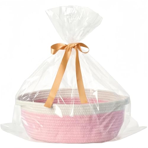 Image of Small Woven Gift Basket Empty with Bag & Ribbon - Gifts for Mom, Baby Shower, Birthdays & Raffle - Cotton Rope Storage Basket for Dog Toys or Shelf - 12 inchx8 inchx5 inch, White & Pink