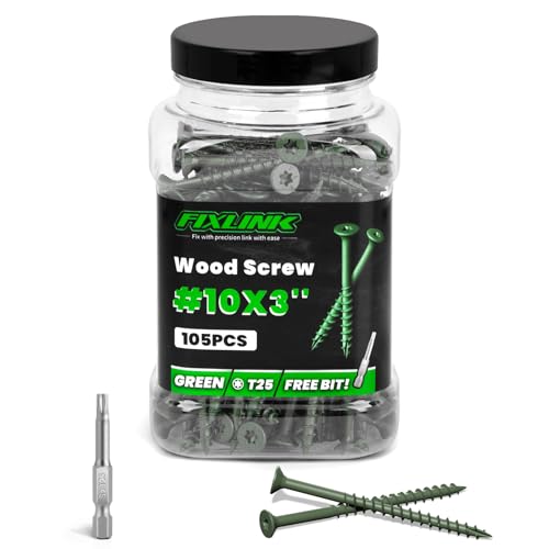 Image of Wood Screws 3 Inch, FIXLINK Deck Screws #10 x 3, 105 PCS, Epoxy Coated, T25 Star Bit Above 1500 Hour Salt Spray Coating Outdoor Decking Screws Excellent Rust Resistant for Wood Fence, Green