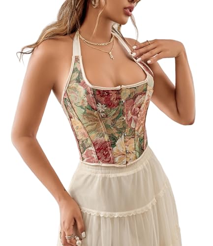 OVOY Women's-Vintage-Corset-Bustier - Adjustable Lace-Up Bustier, Renaissance Jacquard Halter Neck Sexy Going Out Top