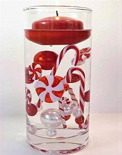 Miniatura 5 de 4 paquetes de bastones de caramelo, paletas y gemas festivas de color rojo y blanco flotantes para decoración de jarrón