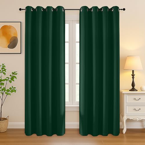 Image of Simplebrand Ever Green Curtains for Bedroom Living Room 72 Inches Long 2 Panels Set, Room Darkening Thermal Insulated Curtains & Drapes, Solid Grommet Noise Reducing Window Treatment, W50 x L72 Inch