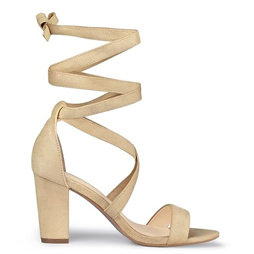 Allegra K Allegra K Women's Crisscross Lace Up Mid Block Heels Beige Sandals - 9 M US