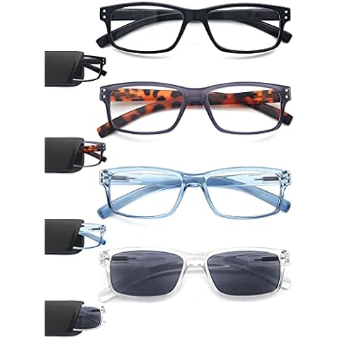 HEEYYOK 4 Pairs Mens Reading Glasses Unisex Rectangular Black Blue Tortoise Frame Readers Fexible Spring Hinge(Include 4 Pouches and 1 Sunshine Readers) Cover