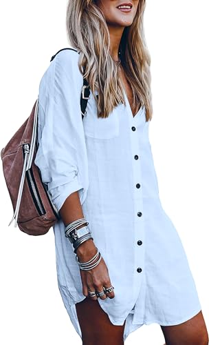 Image of POGTMM Women's Swimsuit Cover Up 3 /4 Sleeve Button Down Shirt Dress