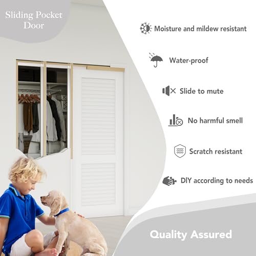 Image of 60 inch x 80 inch Sliding Pocket Door, Louvered Pantry Doors with Frame and Hardware Kit, Interior Door, White Primer Closet Doors - No Panel Assembly Required