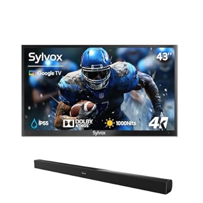 SYLVOX 43-Inch Outdoor TV with Soundbar, 4K, HDR10, Weatherproof, 1000 nits, Voice Assistant Remote, for Partial Sun Area (Deck Pro 2.0, Latest Model)