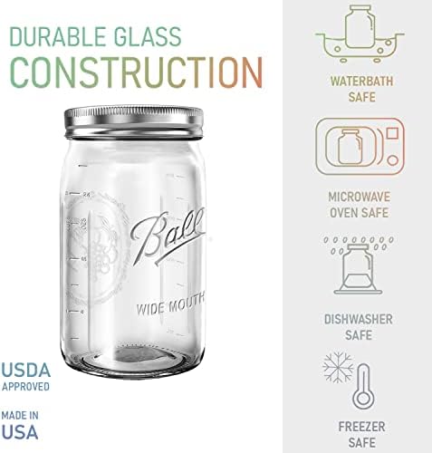 Mason Jars Wide Mouth 32 oz Bundle with Non Slip Jar Opener brand BHL Jars - Set of 4 Quart Size Mason Jars - Canning Glass Jars with Lids
