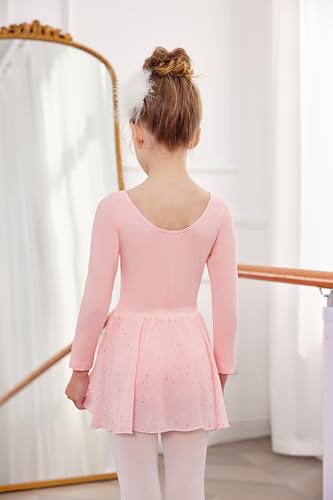 Foto von Bricnat Mädchen Ballettkleidung Kinder Ballettkleid Tanzbody Gymnastikanzug Balletttrikot Langarm Tanzkleid mit Tütü Kinder Baumwolle Rosa pink 130